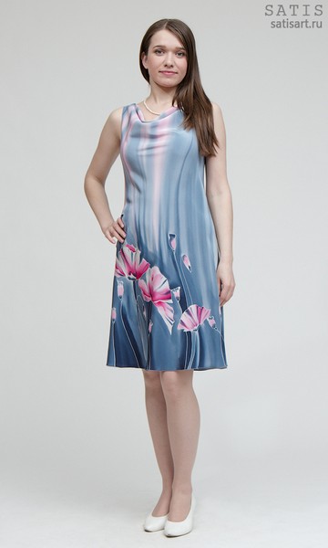 Платье из натурального шелка «Розовые маки» (батик, ручная роспись)