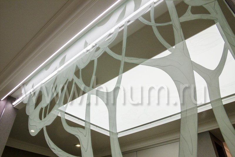 Декоративное объёмное пескоструйное матирование стекла потолочного плафона и зеркала в холле квартиры - изготовление на заказ - витражная мастерская БМ ХНУМ