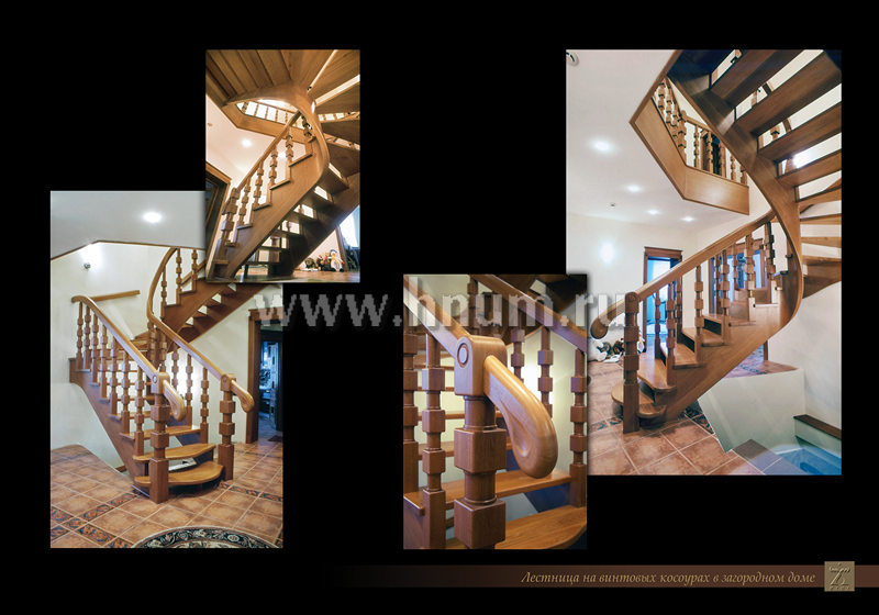 Деревянная лестница на винтовых косоурах индивидуального дизайна