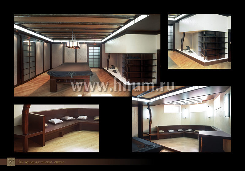 Деревянный интерьер и мебель бильярдной в японском стиле в загородном доме
