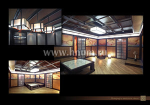 Отделка деревом, мебель и роспись по ткани в японском стиле в комнате отдыха в частном загородном доме