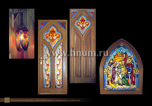 Витражные вставки в деревянные двери и ниши, светильники в готическом стиле в интерьере частной квартиры Витражные вставки в деревянные двери и ниши, светильники в готическом стиле в интерьере частной квартиры